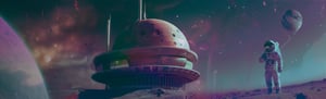 Scena spaziale futuristica: un astronauta con una tuta spaziale bianca si trova in primo piano su una superficie planetaria polverosa. Sulla sinistra, una grande astronave simile a un disco volante domina la scena nei toni del rosso e del bianco. Sullo sfondo è visibile un pianeta blu. Il cielo è colorato con tonalità surreali di viola e blu, con stelle brillanti. L‘atmosfera è onirica e fantascientifica.