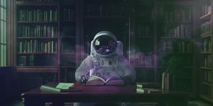 Astronaut sits at a desk in front of walls of books, leafing through a thick old book.